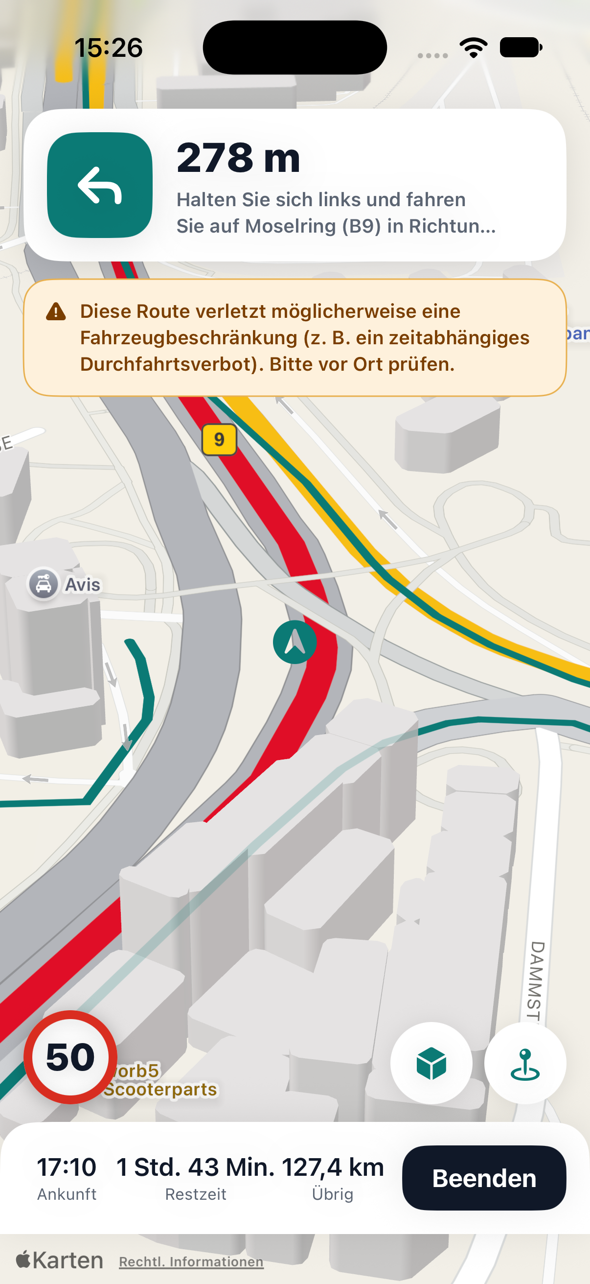 ViaMagna driving view with traffic conditions, speed and speed limit