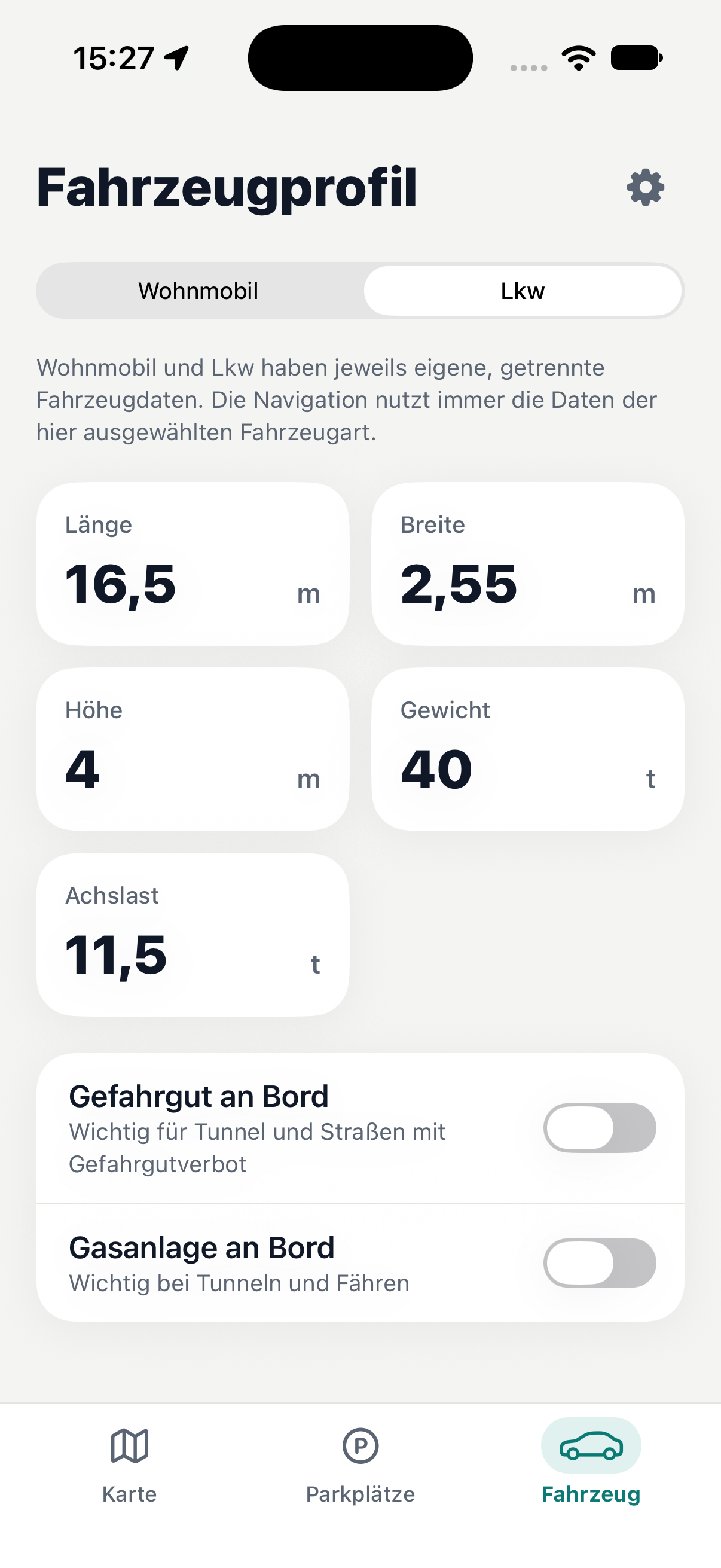 ViaMagna truck vehicle profile screen with dimension fields