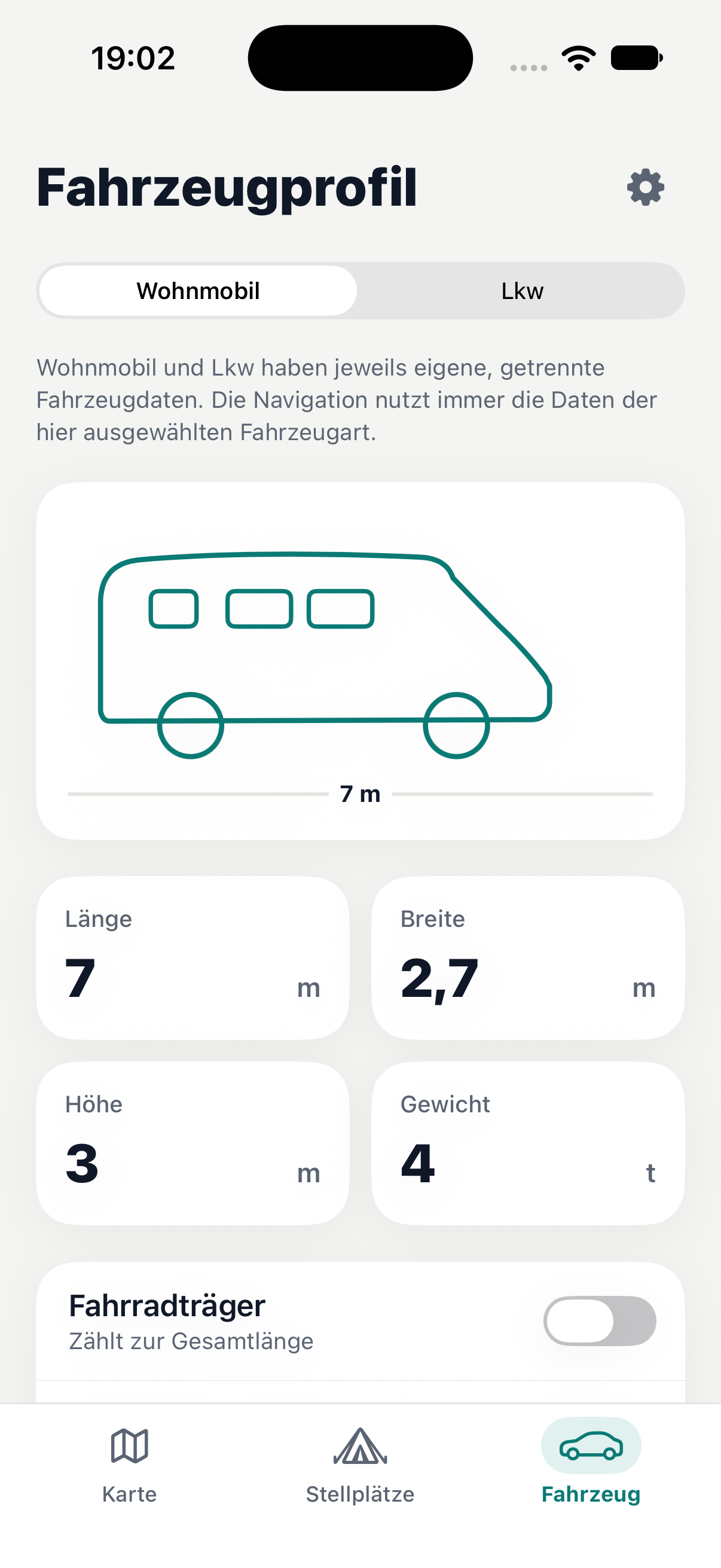 ViaMagna vehicle profile screen with motorhome illustration and dimension fields