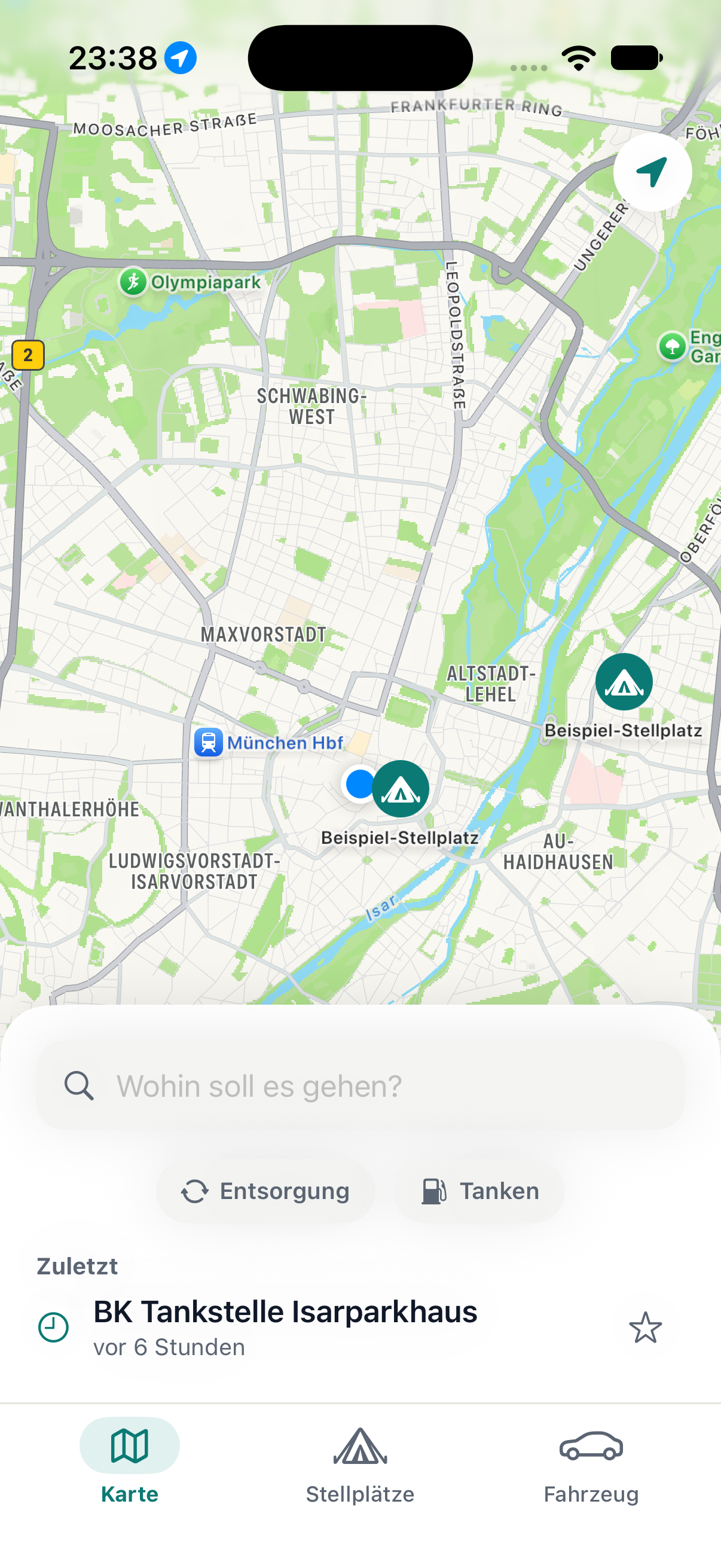 ViaMagna map view, centered on the user's location with destination search