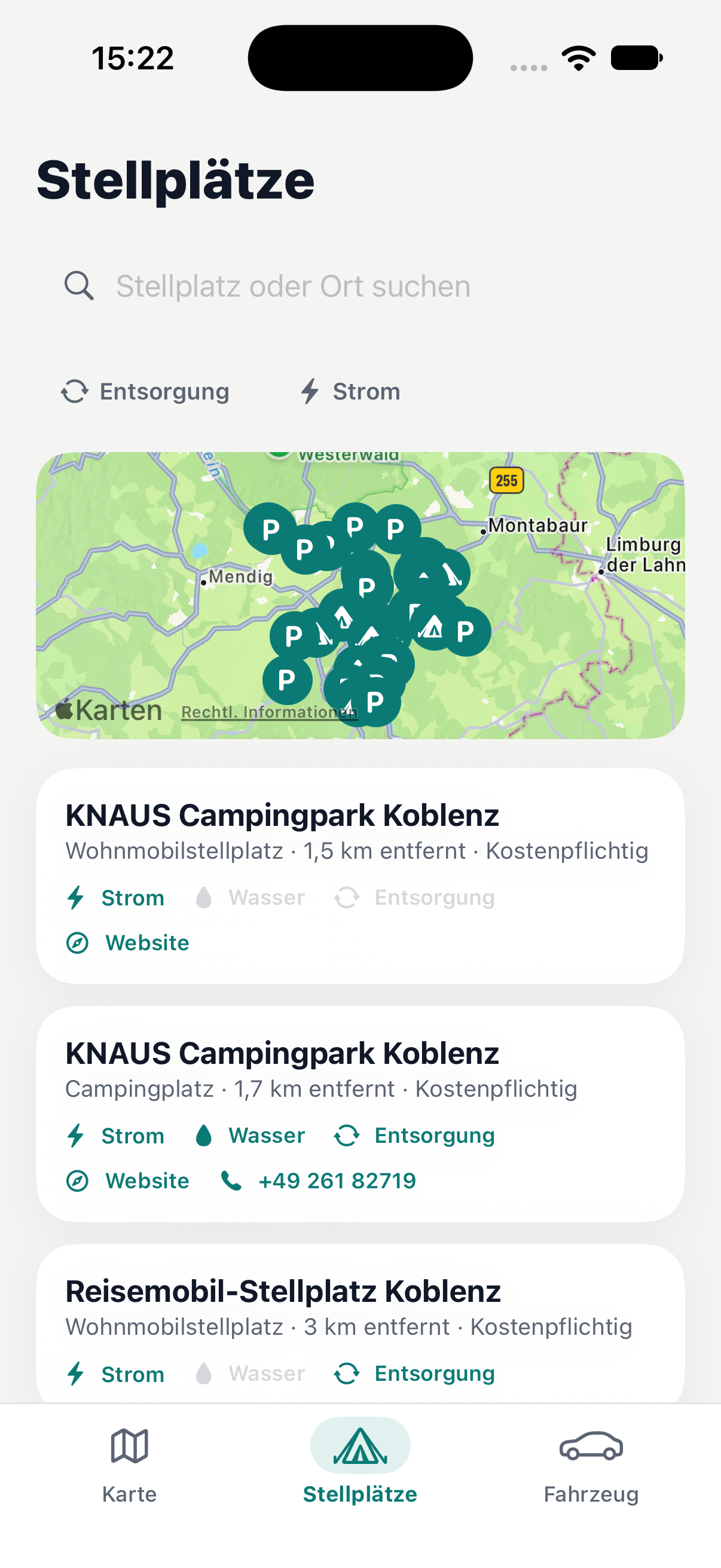 ViaMagna overview of nearby campsites with amenity details