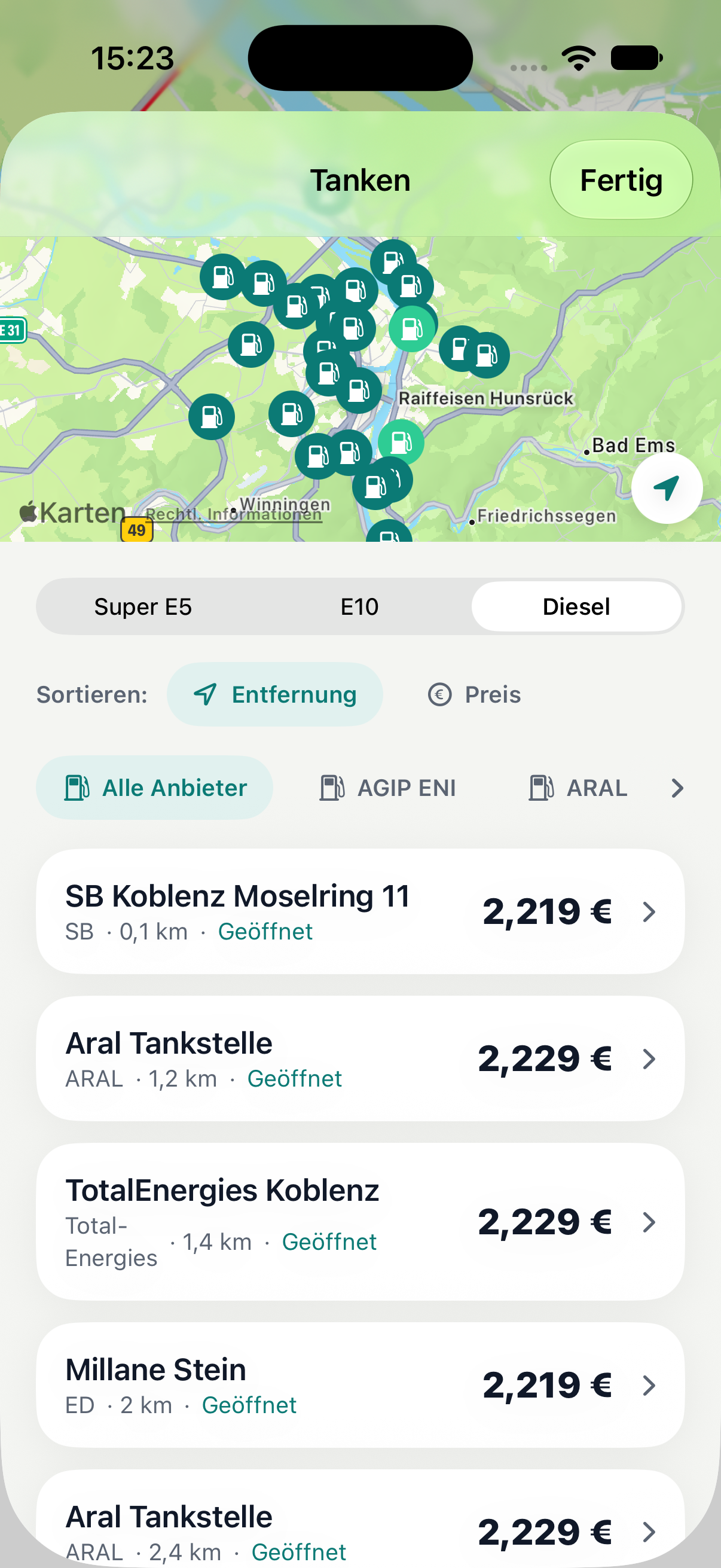 ViaMagna fuel station overview with current nearby prices